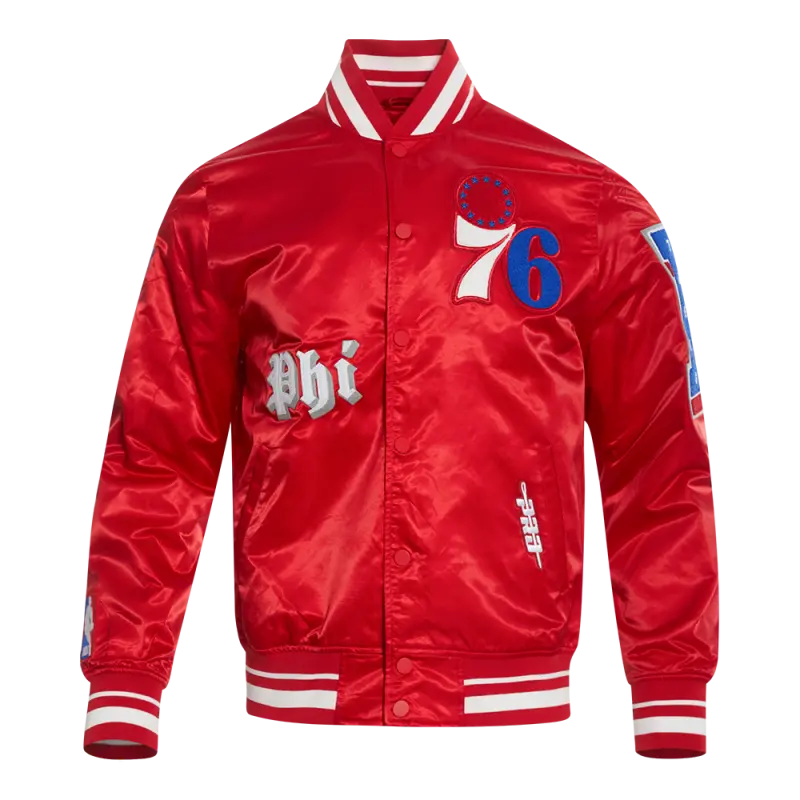nba philadelphia 76ers old english mens rib satin jacket red