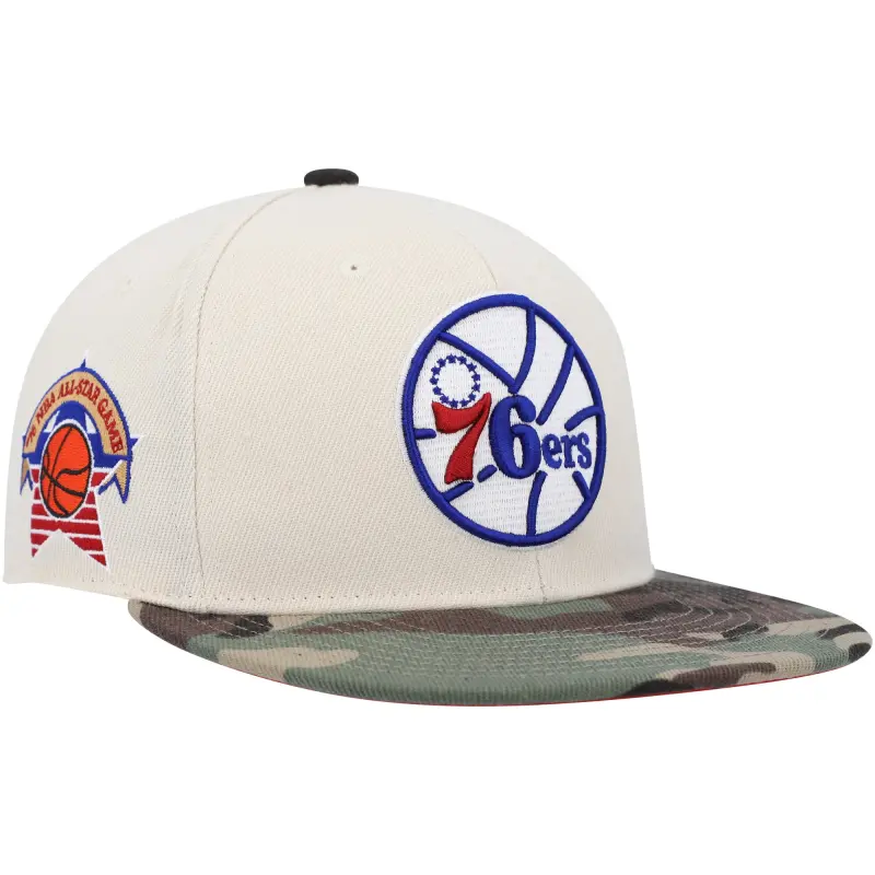 men8217s philadelphia 76ers mitchell amp ness creamcamo hardwood classics 1976 nba all-star game off white camo fitted hat