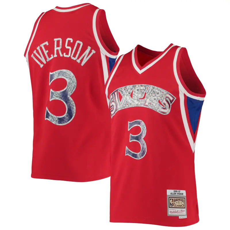 men8217s philadelphia 76ers allen iverson mitchell amp ness red 199697 hardwood classics nba 75th anniversary diamond swingman jersey