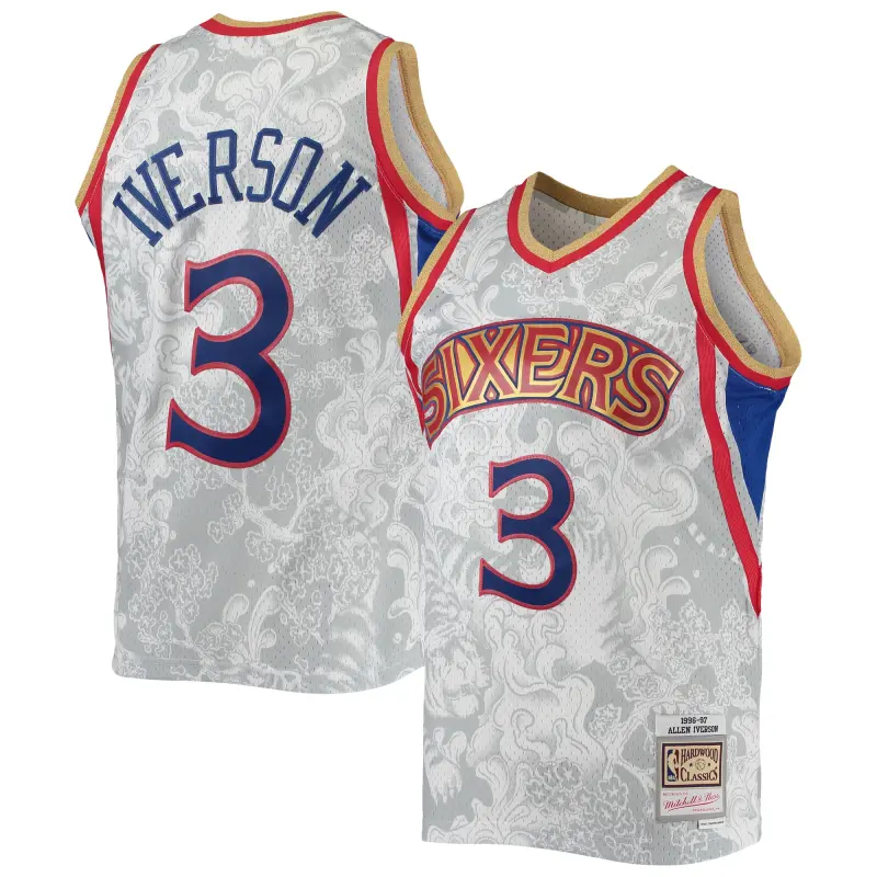 men8217s philadelphia 76ers allen iverson mitchell amp ness white hardwood classics 199697 lunar new year swingman jersey